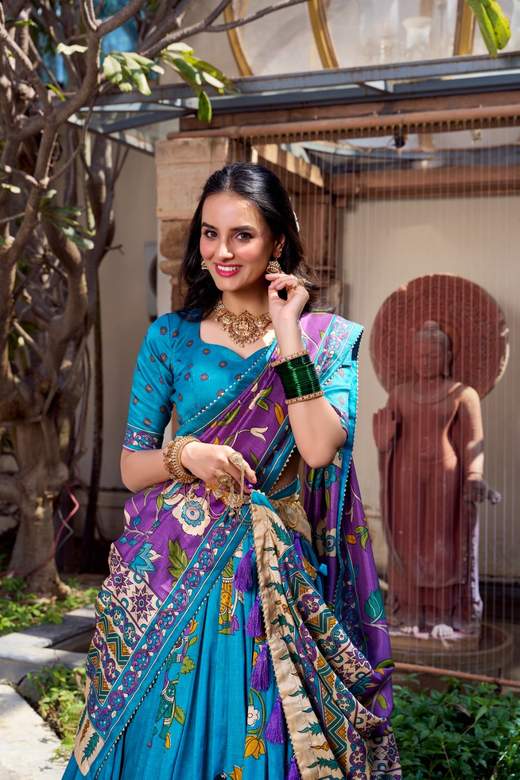 Teal Blue & Royal Purple Kalamkari Tussar Silk Lehenga Set – A Regal Statement of Heritage & Grandeur