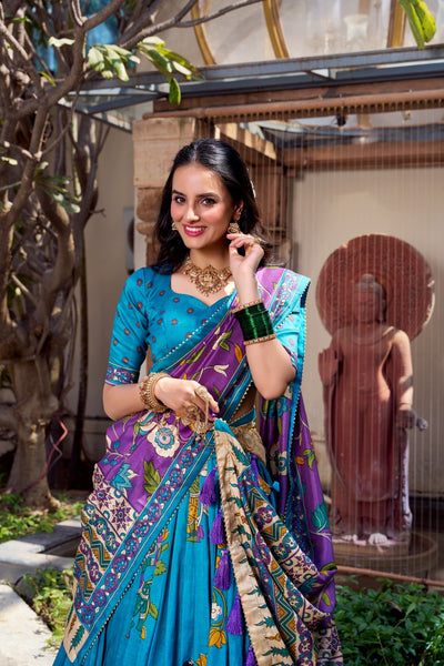 Teal Blue & Royal Purple Kalamkari Tussar Silk Lehenga Set – A Regal Statement of Heritage & Grandeur