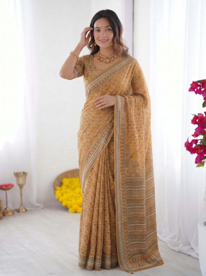 Ajrakh Chinnon Printed Saree with Tassel Detailing & Attached Blouse (No Mirror Work)