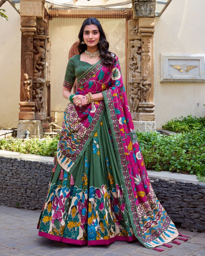 Green & Burgundy Kalamkari Dola Silk Lehenga Set – A Fusion of Tradition & Contemporary Elegance