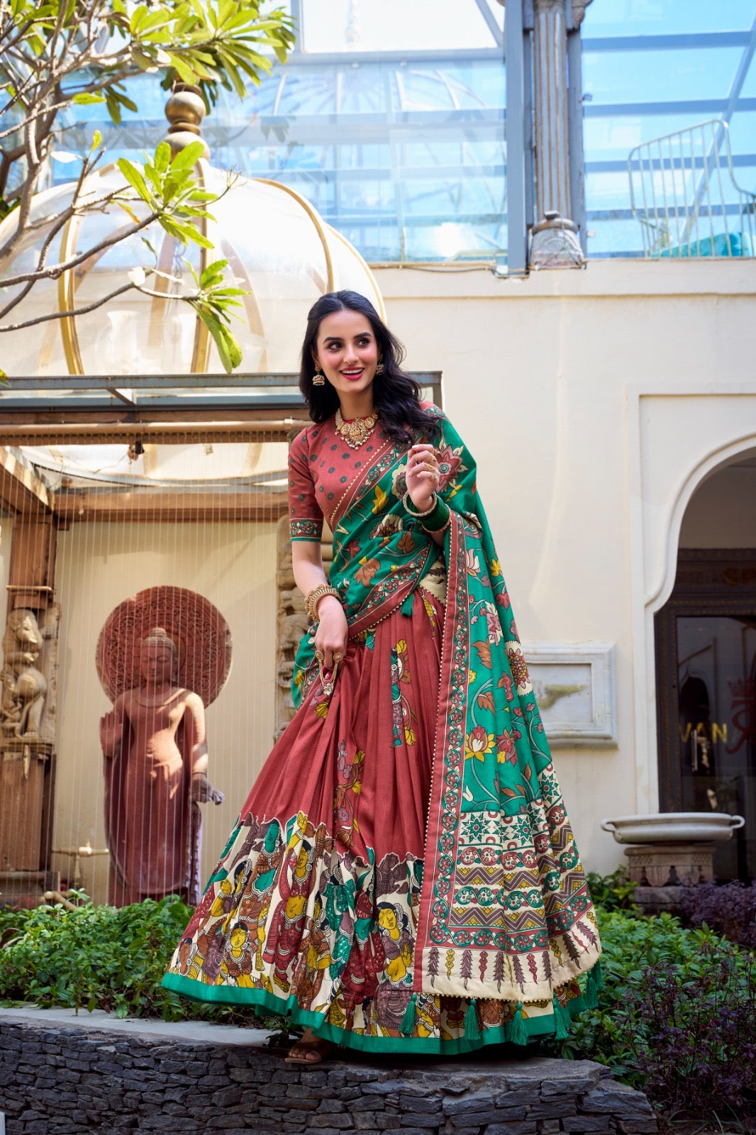 Rust & Emerald Green Tussar Silk Kalamkari Lehenga Set – A Celebration of Art & Tradition