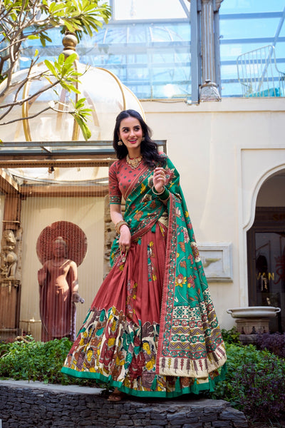 Rust & Emerald Green Tussar Silk Kalamkari Lehenga Set – A Celebration of Art & Tradition