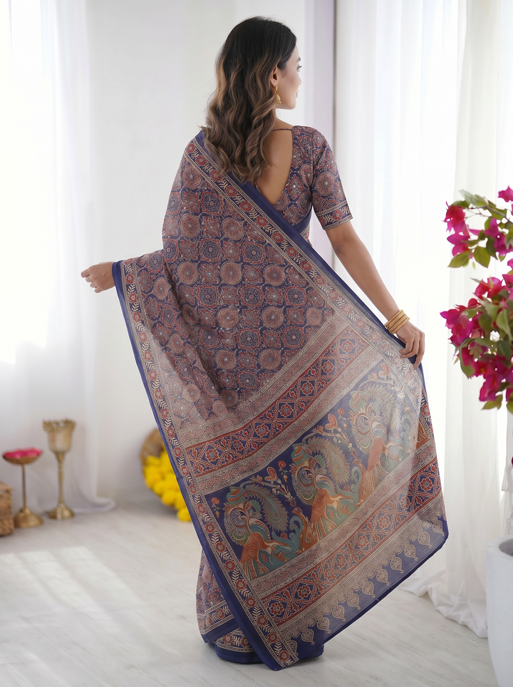 Royal Blue Modal Silk Saree with Intricate Ajrakh-Inspired Geometric Prints, Peacock Artistic Pallu & Traditional Border