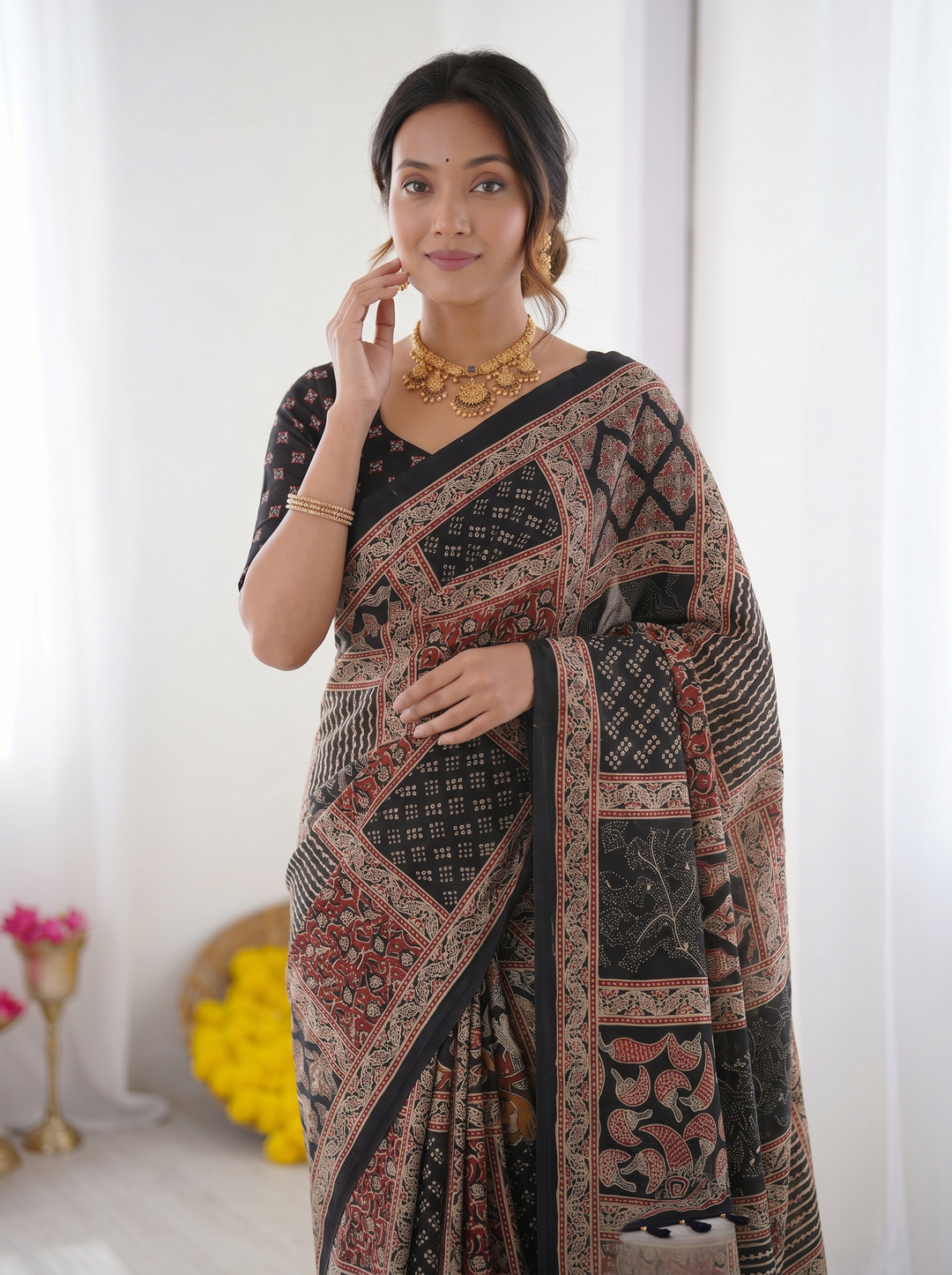 Black Modal Silk Saree with Tribal & Geometric Print | Designer Heritage Pallu Saree for Festive Wear