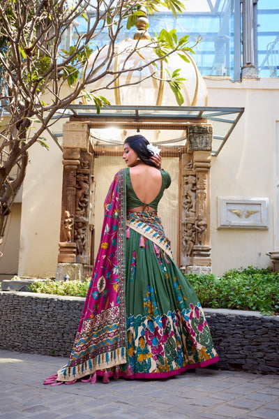 Green & Burgundy Kalamkari Dola Silk Lehenga Set – A Fusion of Tradition & Contemporary Elegance