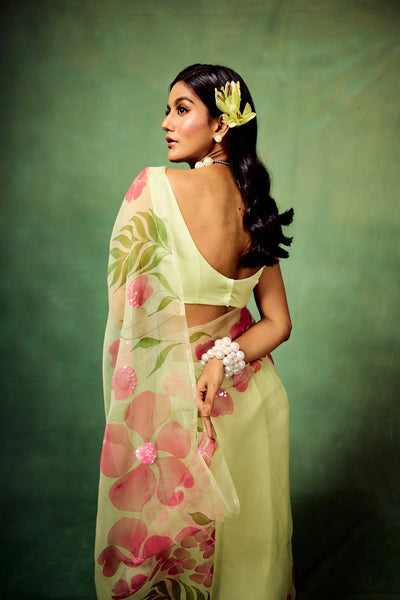 Mint Green Pure Organza Saree with Hand-Painted Pink Floral Motifs & Sequin Detailing | Satin Blouse