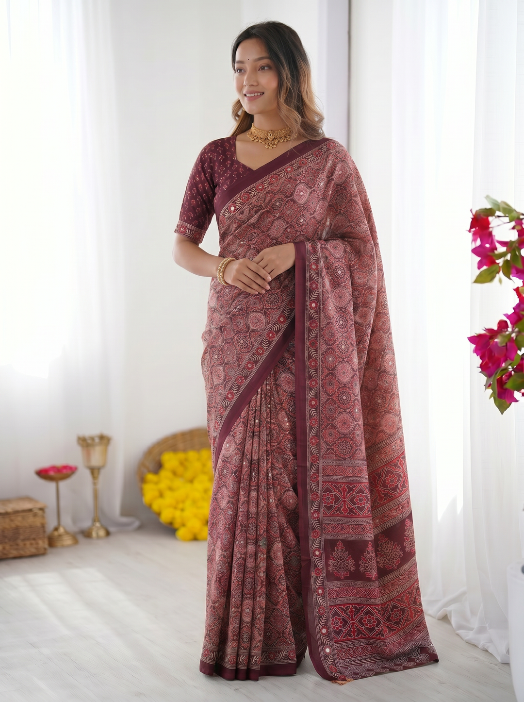 Ajrakh Chinnon Printed Saree with Tassel Detailing & Attached Blouse (No Mirror Work)