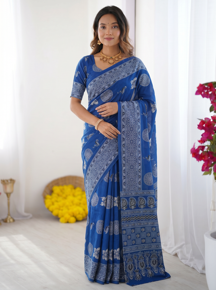 Ajrakh Chinnon Printed Saree with Tassel Detailing & Attached Blouse (No Mirror Work)