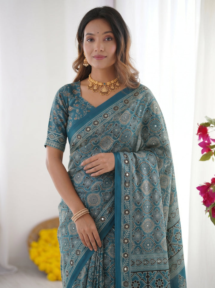 Ajrakh Chinnon Printed Saree with Tassel Detailing & Attached Blouse (No Mirror Work)
