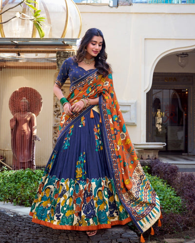 Royal Midnight Blue & Rust Kalamkari Tussar Silk Lehenga Set – A Statement of Cultural Grandeur