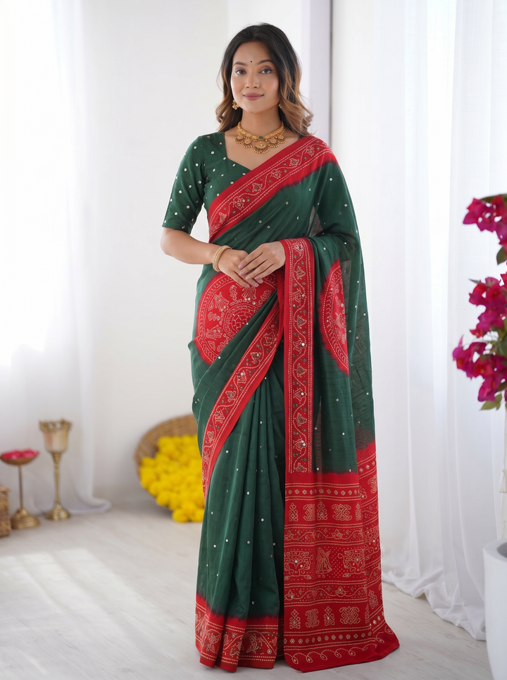Bottle Green & Ruby Red Bandhani Inspired Cotton Silk Saree with Traditional Folk Print Border & Designer Pallu