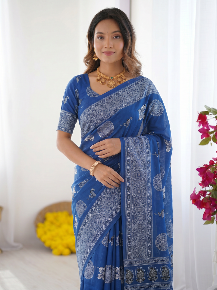 Ajrakh Chinnon Printed Saree with Tassel Detailing & Attached Blouse (No Mirror Work)