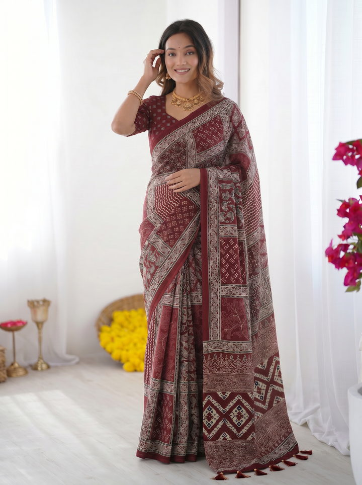 Maroon Modal Silk Saree with Tribal & Geometric Print | Designer Ethnic Pallu Saree for Festive & Cultural Wear