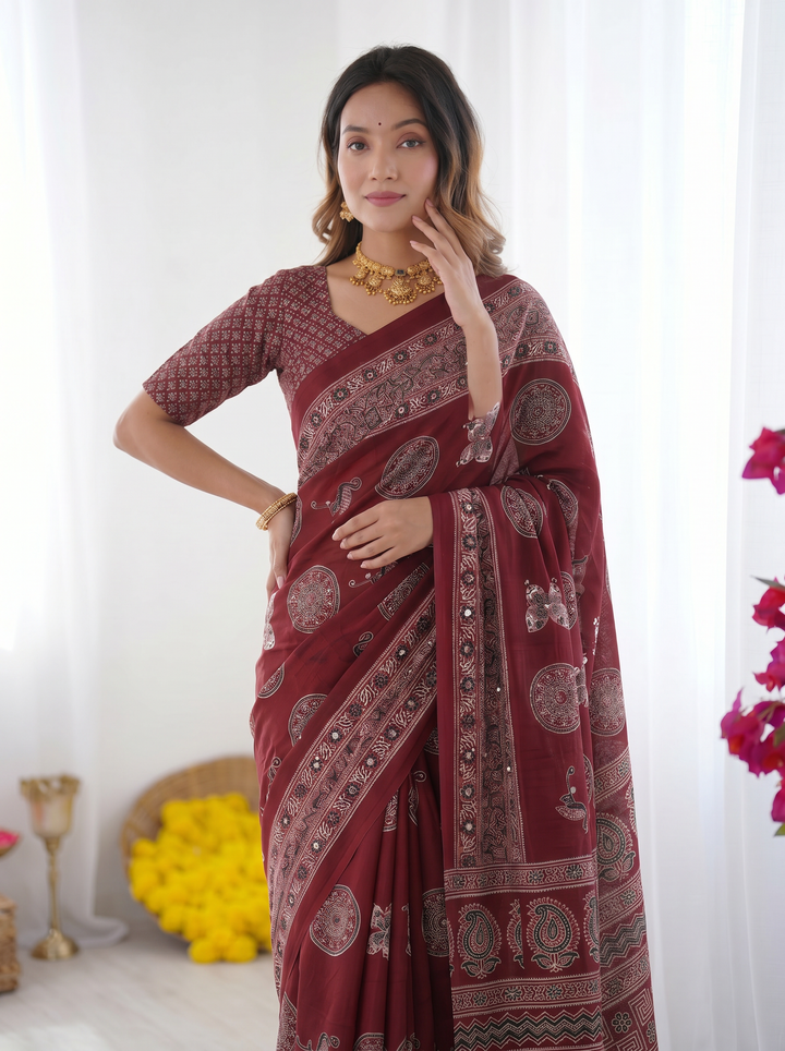 Ajrakh Chinnon Printed Saree with Tassel Detailing & Attached Blouse (No Mirror Work)