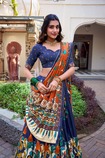 Royal Midnight Blue & Rust Kalamkari Tussar Silk Lehenga Set – A Statement of Cultural Grandeur
