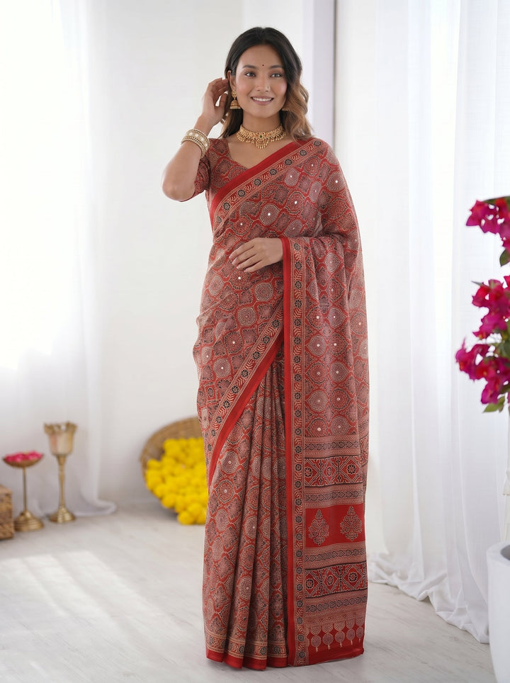Ajrakh Chinnon Printed Saree with Tassel Detailing & Attached Blouse (No Mirror Work)