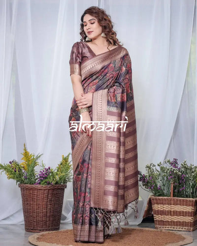 Chocolate Brown Banarasi Silk Saree with Tribal Digital Print Zari Border & Tassel Pallu RICH VARSHA F OUT