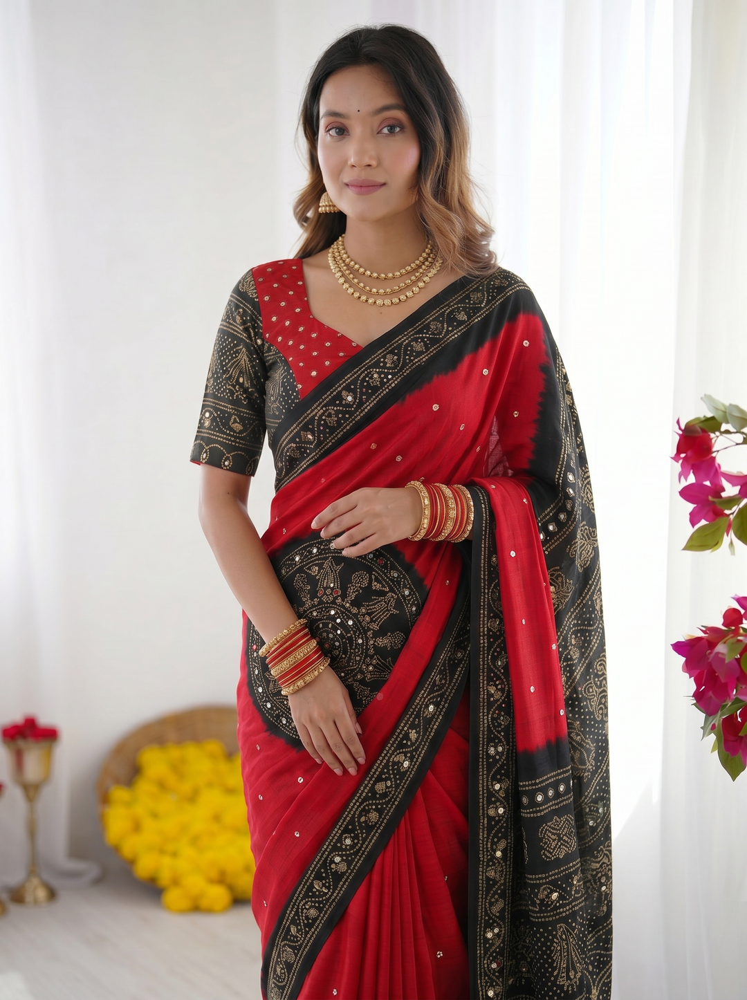 Ajrakh Chinnon Printed Saree with Tassel Detailing & Attached Blouse (No Mirror Work)