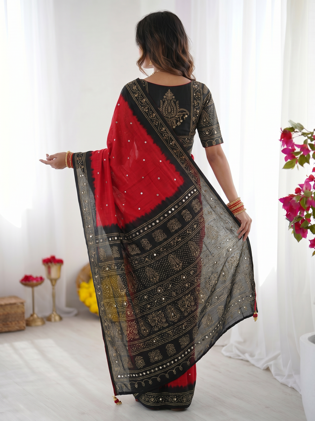 Ajrakh Chinnon Printed Saree with Tassel Detailing & Attached Blouse (No Mirror Work)