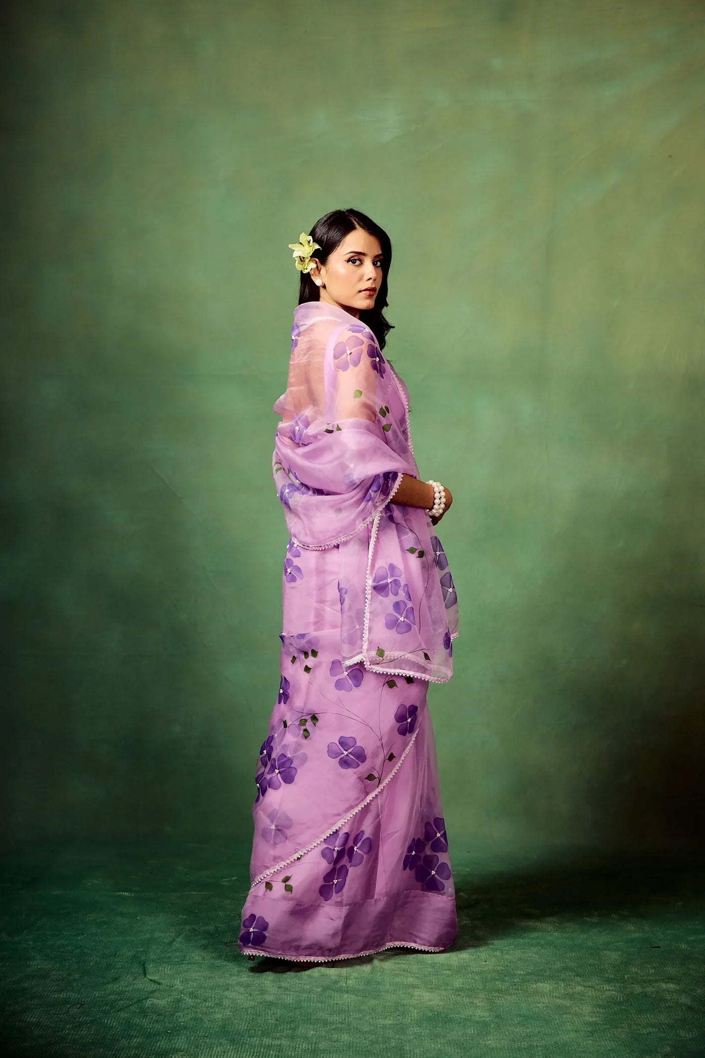 Lavender Pure Organza Saree with Hand-Painted Purple Floral Motifs & Pearl Sequin Highlights | Satin Blouse