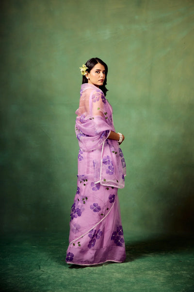 Lavender Pure Organza Saree with Hand-Painted Purple Floral Motifs & Pearl Sequin Highlights | Satin Blouse