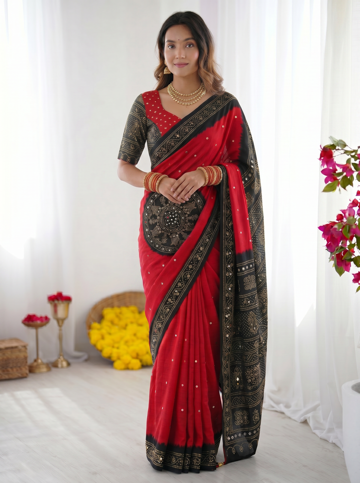 Ajrakh Chinnon Printed Saree with Tassel Detailing & Attached Blouse (No Mirror Work)