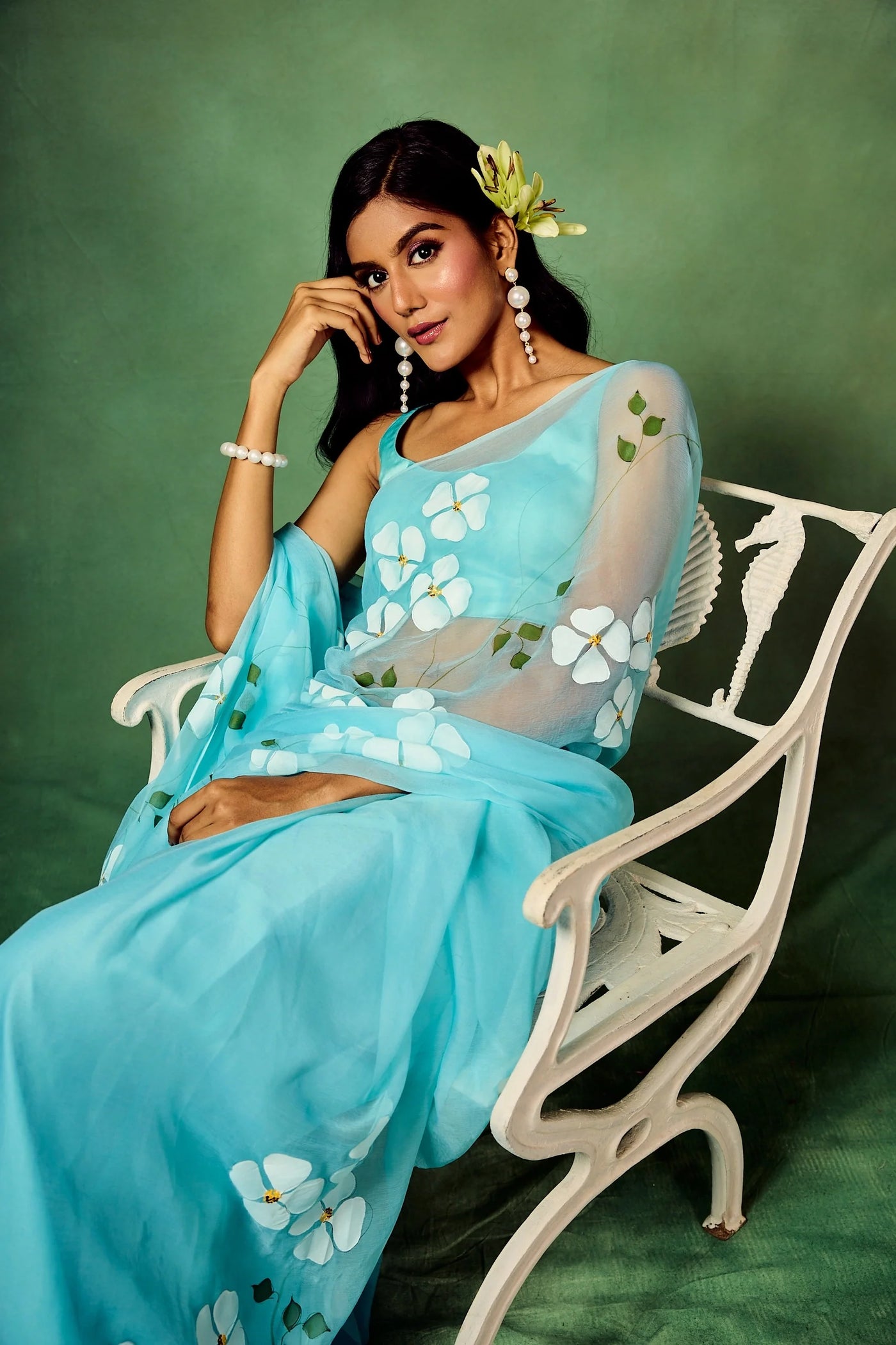 Sky Blue Organza Saree with Hand-Painted White Dogwood Flowers & Satin Blouse