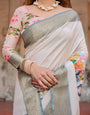 Ivory Tussar Silk Saree with Handcrafted Elephant Motif Pallu and Golden Zari Border
