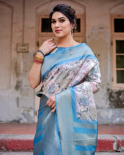 Elegant Floral Banarasi Silk Saree in Sky Blue and Blush Pink with Zari Weave and Tassels RICH VARSHA H 1161-70