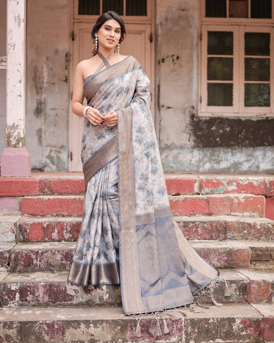 Grey Banarasi Silk Saree with Abstract Floral Print Zari Border & Tassel Detailing RICH VARSHA H 1181-90