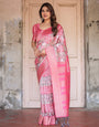 Exquisite Pink and Silver Banarasi Silk Floral Saree with Tassels