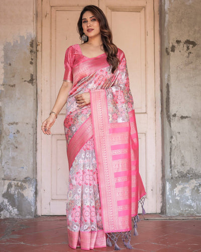 Exquisite Pink and Silver Banarasi Silk Floral Saree with Tassels