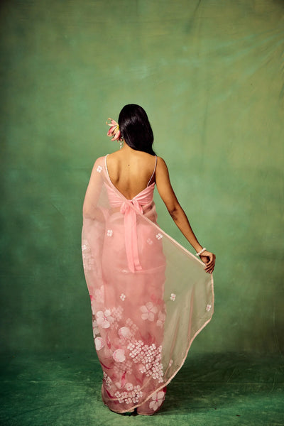 Rose Pink Pure Organza Saree with Hand-Painted Multi-Floral Motifs & Sequin Highlights | Satin Blouse