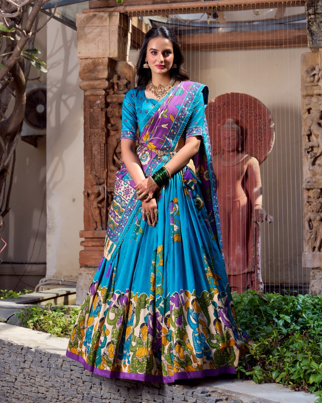 Teal Blue & Royal Purple Kalamkari Tussar Silk Lehenga Set – A Regal Statement of Heritage & Grandeur