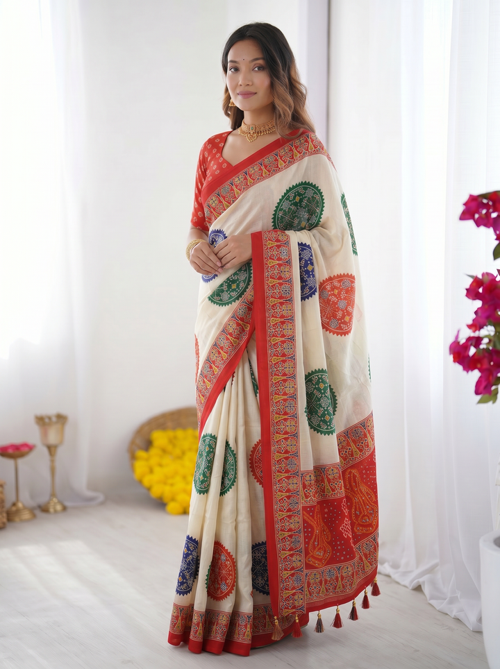 Ivory White & Vermilion Red Pure Modal Silk Saree with Multicolor Mandala Print & Traditional Designer Pallu