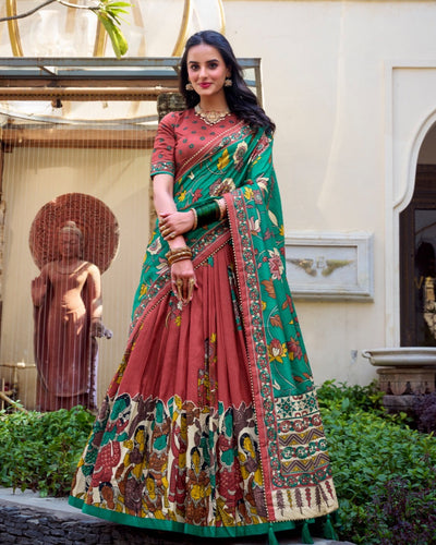 Rust & Emerald Green Tussar Silk Kalamkari Lehenga Set – A Celebration of Art & Tradition