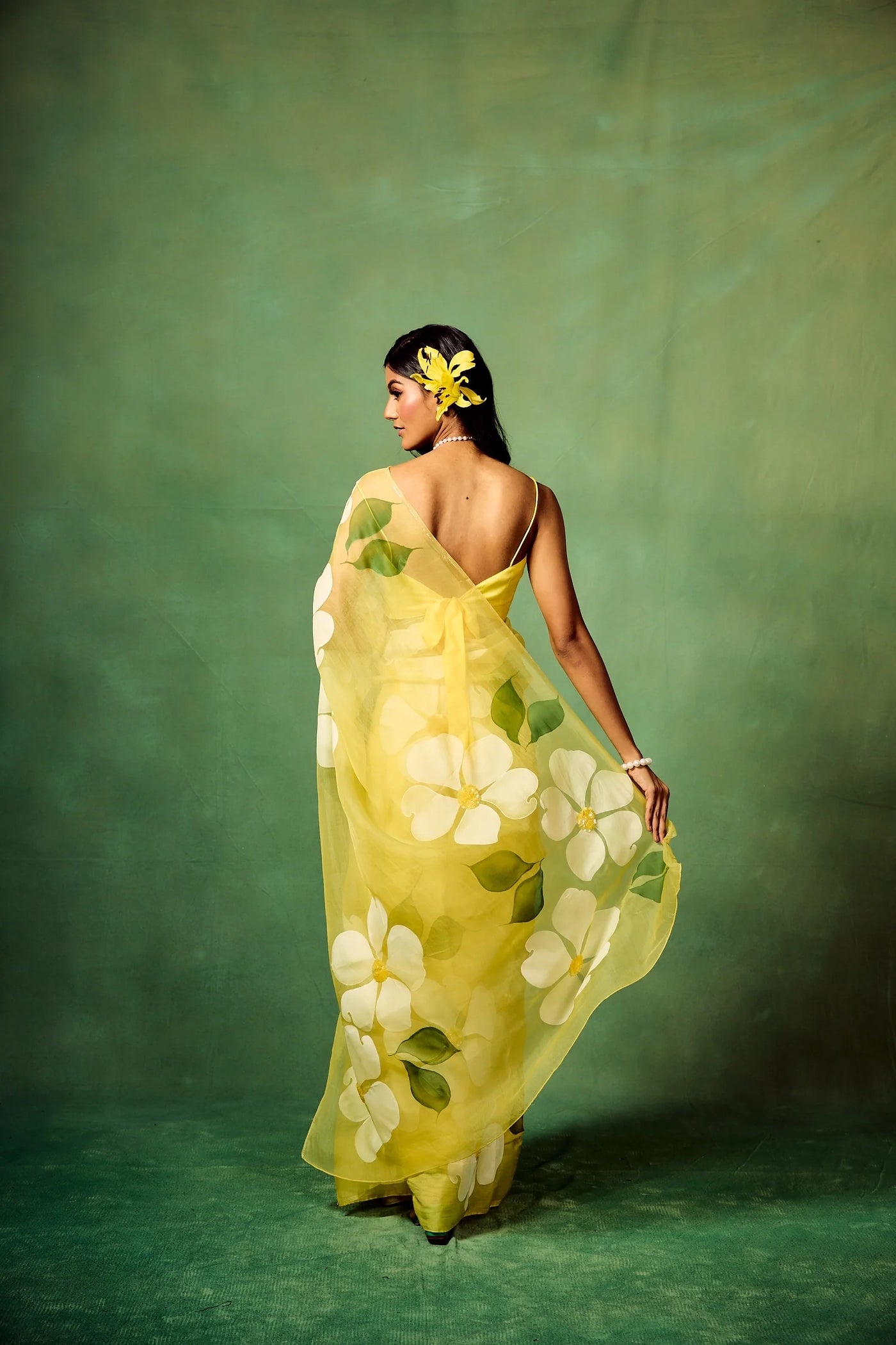 Bright Yellow Pure Organza Saree with Oversized Hand-Painted White Flowers & Sequin Detailing | Satin Blouse Included