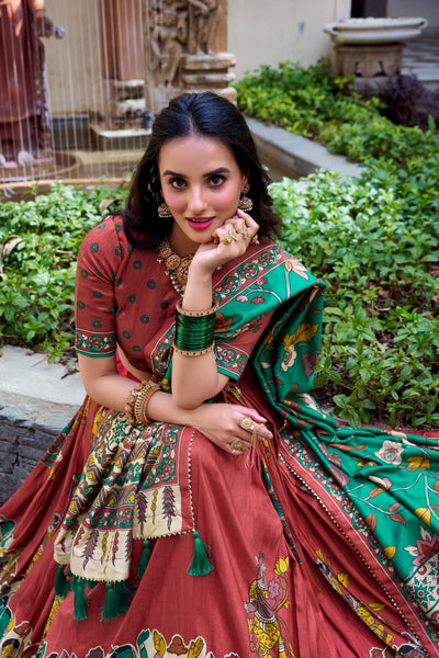 Rust & Emerald Green Tussar Silk Kalamkari Lehenga Set – A Celebration of Art & Tradition