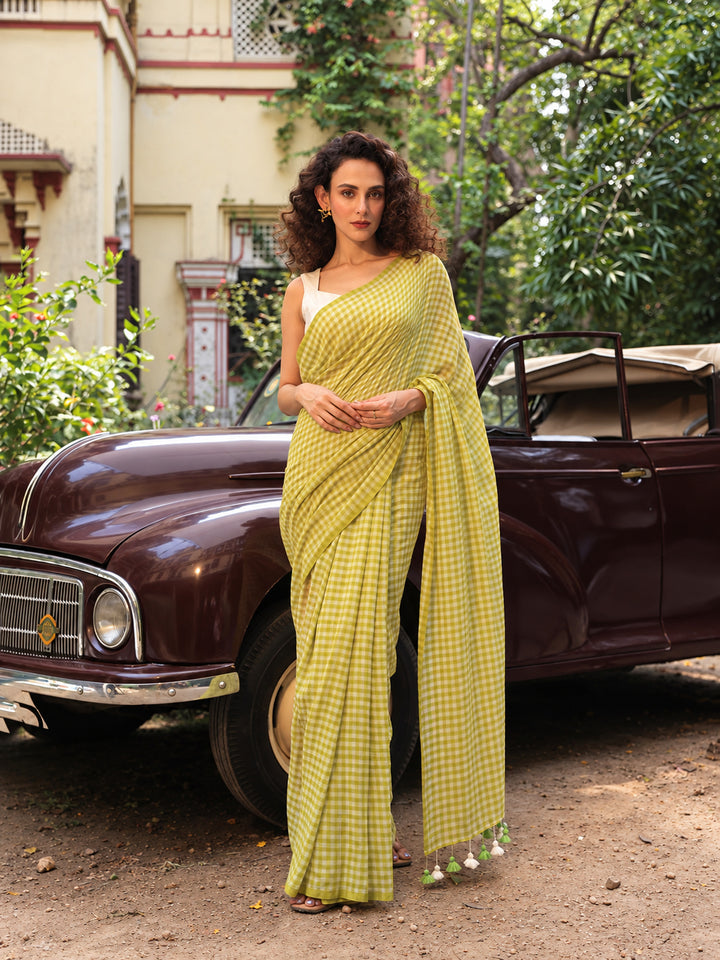 Lime Green & White Gingham Check Mul Cotton Saree with Tasselled Pallu, Comes With Attached Blouse Piece