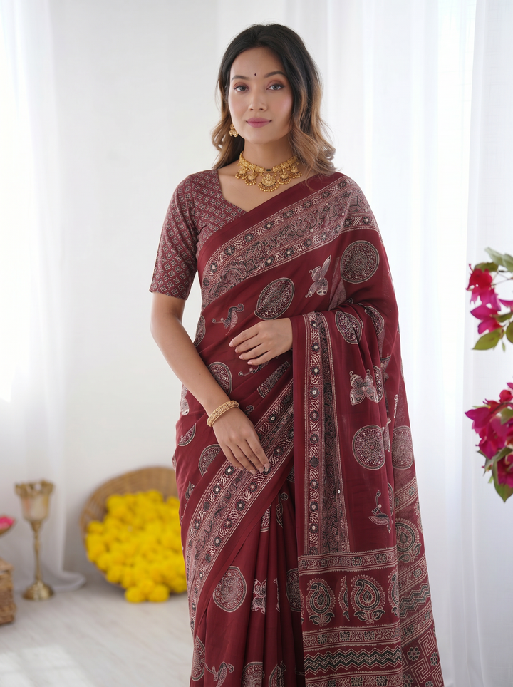 Ajrakh Chinnon Printed Saree with Tassel Detailing & Attached Blouse (No Mirror Work)
