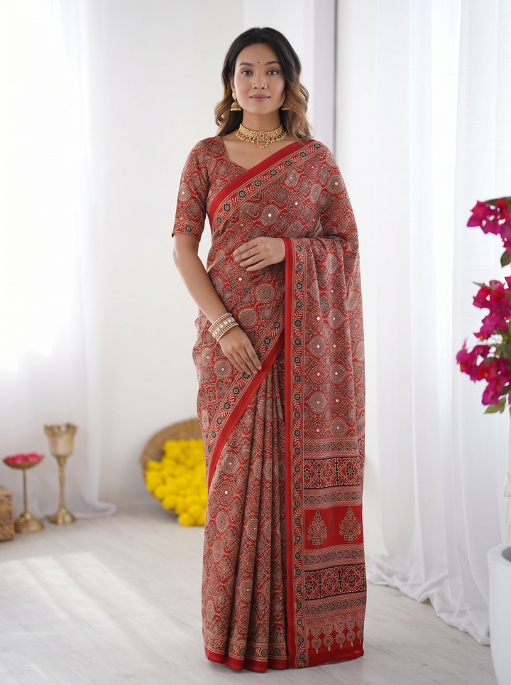 Ajrakh Chinnon Printed Saree with Tassel Detailing & Attached Blouse (No Mirror Work)