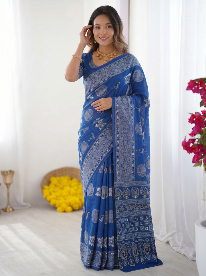 Ajrakh Chinnon Printed Saree with Tassel Detailing & Attached Blouse (No Mirror Work)