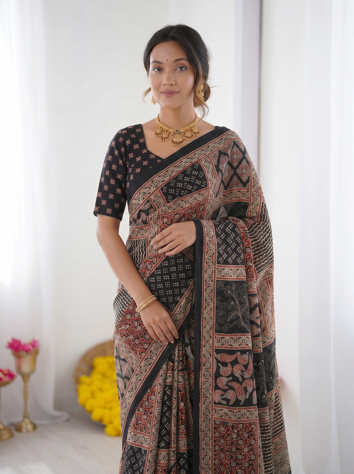 Ajrakh Chinnon Printed Saree with Tassel Detailing & Attached Blouse (No Mirror Work)