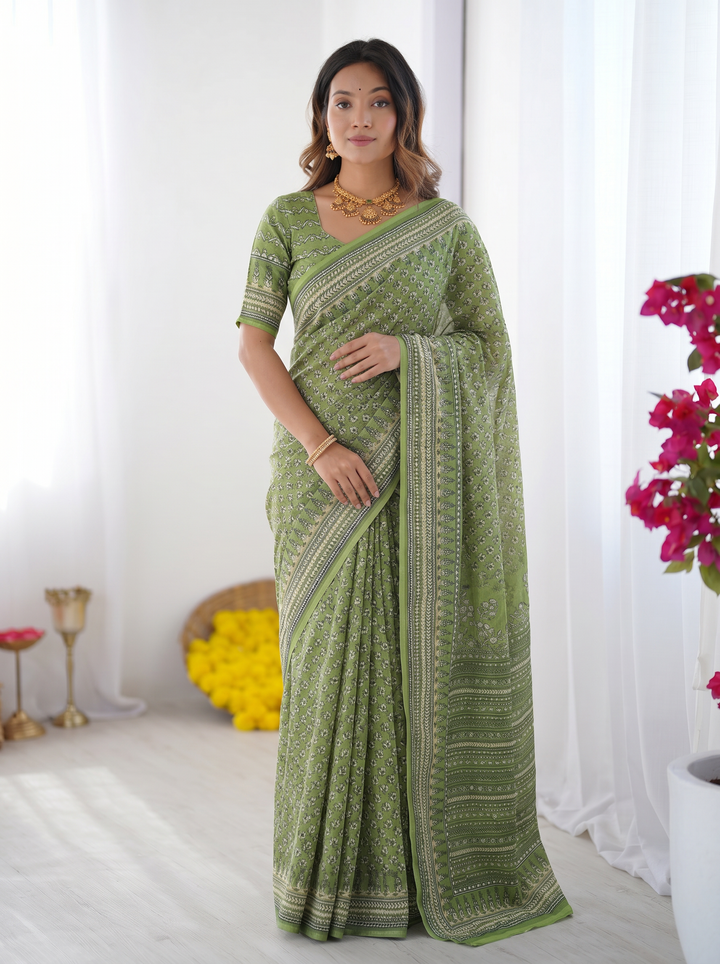 Ajrakh Chinnon Printed Saree with Tassel Detailing & Attached Blouse (No Mirror Work)