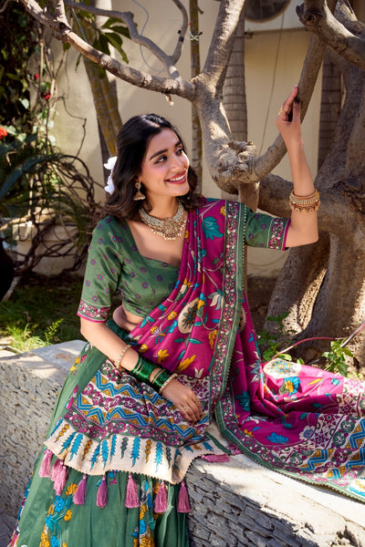 Green & Burgundy Kalamkari Dola Silk Lehenga Set – A Fusion of Tradition & Contemporary Elegance