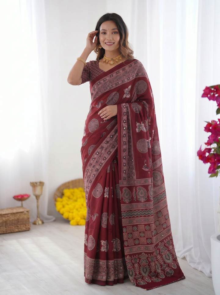 Ajrakh Chinnon Printed Saree with Tassel Detailing & Attached Blouse (No Mirror Work)