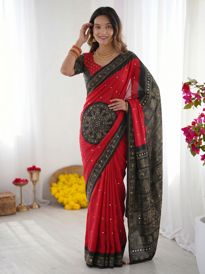 Ajrakh Chinnon Printed Saree with Tassel Detailing & Attached Blouse (No Mirror Work)
