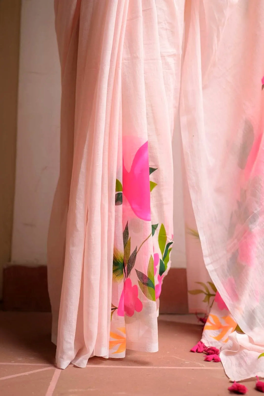Blush Pink Mul Cotton Saree with Statement Floral Print & Tasselled Pallu, Comes With Attached Blouse Piece