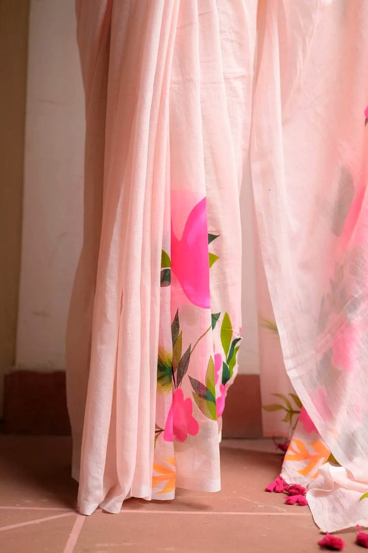 Blush Pink Mul Cotton Saree with Statement Floral Print & Tasselled Pallu, Comes With Attached Blouse Piece