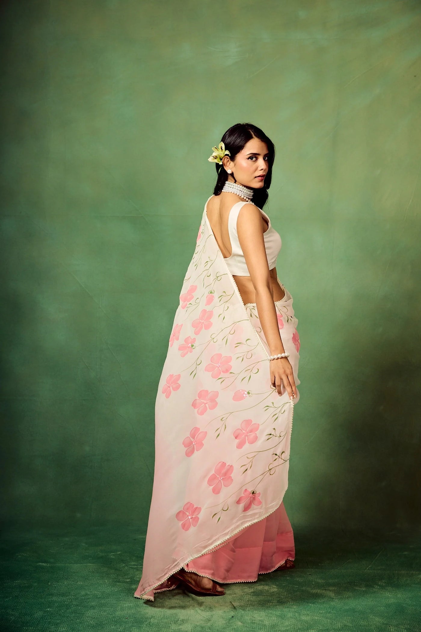 Blush Pink Pure Georgette Hand-Painted Floral Saree with White Motifs & Sequin Accents – Modal Satin Blouse